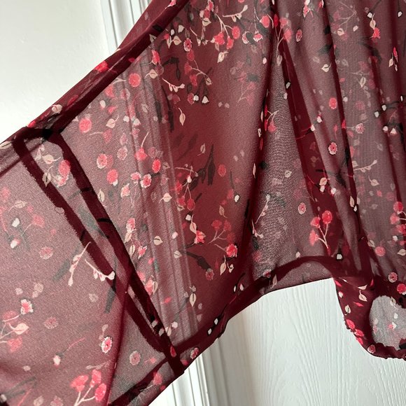 Express Sheer Flowing Dressy Blouse Floral Burgundy Shade - Picture 5 of 6
